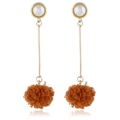 Detail of long drop earrings featuring a gold bar with white pearl and brown pom-poms - KC Gold Coffee