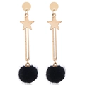 Detailed view of gold star earrings with black faux fur balls and long metal bar drops - Black
