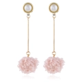 Close-up of long drop earrings with white pearl studs, gold bar, and pink fuzzy pom-poms - Pink KC Gold