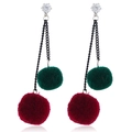 Detail of cherry-style drop earrings with plush pom-poms and black metallic chains - Green Dark Red