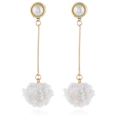 Detail of long gold drop earrings with white pearl studs and fluffy faux fur pom poms - White KC Gold