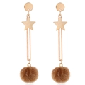 Detail of star-shaped metal piece and brown faux fur pom pom on these golden dangle earrings - Coffee
