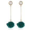 Fashionable long drop earrings with pearl studs, gold bar and green faux fur pompom balls - Green KC Gold