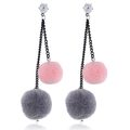 Korean style dangling earrings with pink and grey pom poms and black metal chains - Pink And Gray
