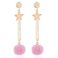 Elegant gold star and moon earrings with soft pink mink fur pom-poms for women - Pink