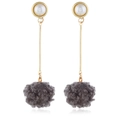 Elegant long drop earrings with white pearl studs and dark grey fluffy pompom charms - Grey KC Gold