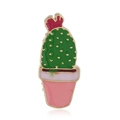 Creative enamel cactus brooch pin with green body and red flower in golden alloy frame - Pink Pot Cactus