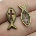 Vintage bronze alloy Jesus fish pendants with hollow cross detail for DIY jewelry making - Antique Bronze