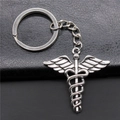 Antique silver caduceus medical symbol keychain made of durable zinc alloy metal - Antique Silver