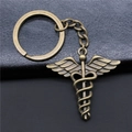 Vintage bronze Caduceus medical symbol keychain with double snakes and wings charm - Antique Bronze