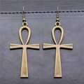 Vintage bronze Ankh cross drop earrings with antique finish and hook closure - Antique Bronze