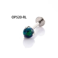Titanium flat back stud earring featuring a blue-green synthetic opal in 3-prong setting - Dark Green (A195-6#OP520)
