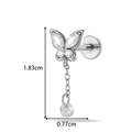 Labret de mariposa en acero plateado con cadena de cristal y medidas del producto - Estilo Mariposa con Cadena (2613-9#Plateado)