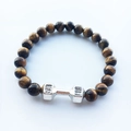 Tiger eye stone bead bracelet with silver dumbbell charm featuring Live Fit engraving - Tiger Eye/Silver