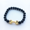 Matte black volcanic stone bracelet with golden dumbbell pendant engraved with Life and Fit - Matte Lava Stone/Gold