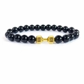 Black beaded stone bracelet with golden dumbbell featuring Live and Lift engravings - Glossy Black / Gold