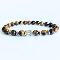 Tiger eye beaded energy bracelet with silver Buddha head and volcanic lava stones - Tiger Eye