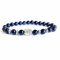 Blue goldstone beaded bracelet with silver Buddha head and textured spacer beads - Blue Sandstone