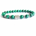 Malachite style green bead bracelet featuring a detailed silver Buddha head and spacer beads - Malachite