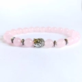 Pink crystal beaded bracelet with vintage silver Buddha head and elastic cord - Pink Jade