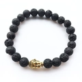 Lava stone bead bracelet with golden Buddha head, black volcanic rock yoga energy jewelry - Lava Stone Gold Buddha Style