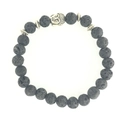 Elastic Buddha head bracelet featuring black lava rock beads and silver floral spacers - Lava Stone