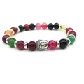 Multicolor stone bead bracelet with silver buddha head and lava rock details on white background - Dragon Vein Agate Style