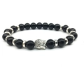 Elastic beaded bracelet with black volcanic stone beads and silver Buddha head charm - Black Stone