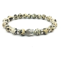 Dalmatian stone beaded bracelet with silver Buddha head charm and metal spacers - White Spotted