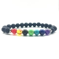 Macro shot of seven chakra balancing bracelet with volcanic lava stone and tiger eye beads - Multicolor Amethyst (Silver Spacers)