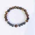 Tiger eye stone bead bracelet with hematite and silver engraved metal spacers - Diameter 8mm / Yellow Tiger Eye & Hematite Style