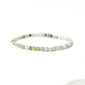 Detailed macro view of 4mm colorful crystal beaded elastic bracelet on white surface - Amazonite