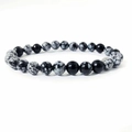 Natural snowflake obsidian 8mm round bead elastic yoga bracelet on white background - Snowflake Obsidian