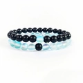 Matching set of 8mm matte black beads and iridescent blue flash stone beaded bracelets - Lake Blue
