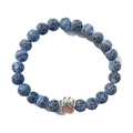 Blue crackle bead bracelet with a silver paw print charm on a clean white background - Black Weathered Agate