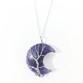 Natural amethyst moon pendant with silver tree of life wire wrap and slim metal chain - Purple Crystal