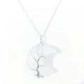 Detailed silver wire tree of life wrapped moon crescent crystal pendant on thin chain - White Crystal