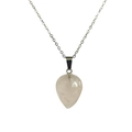 Detailed close-up of pink crystal water drop pendant on a silver-tone O-shaped chain - Rose Quartz