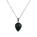 Detailed view of polished teardrop black stone pendant with slim silver link chain - Black Agate