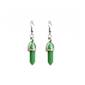 Close-up of green hexagonal crystal pillar earrings with silver hooks on white background - Green Aventurine