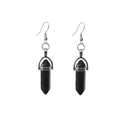 Detail view of black hexagonal stone earrings with silver hooks on white background - Black Agate