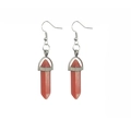 Detail view of bohemian red crystal hexagonal pillar pendant earrings with silver hooks - Red Cat's Eye Stone