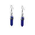 Macro shot of blue hexagonal column crystal earrings with silver alloy hooks and stone detail - Royal Blue Cat's Eye