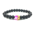 Mattschwarzes Perlenarmband für Paare mit rosa Stein und goldenem Kronenanhänger - Schwarz Und Fuchsia Kombination