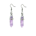 Detailed view of natural amethyst hexagonal column earrings with silver metal hooks - Amethyst