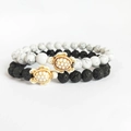 Elastic beaded bracelet set with black lava stone, white howlite, and turtle beads - Set 4