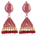 Detailed view of pink enamel bell earrings with gold accents and red beads for a boho look - Bright Red