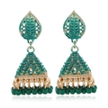 Macro view of green enamel Jhumka earrings with gold plating and hanging bead fringe - Green