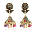 Detail of colorful Jhumka earrings with enamel sunflower and beaded fringe tassels - Multicolor & Antique Gold