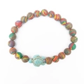 Elastic beaded bracelet with colorful marble beads and a light blue turtle charm - Malachite Style Multi-color